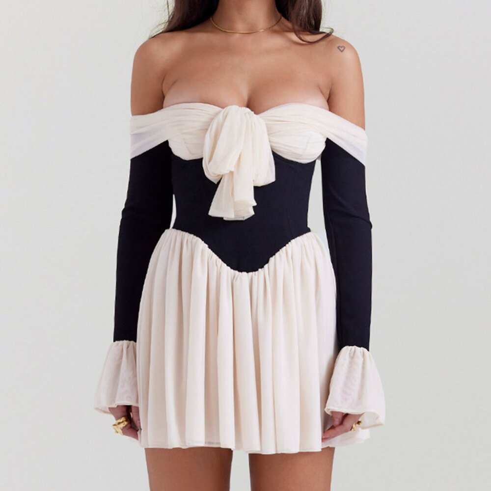House of CB Alana BLACK & CREAM OFF SHOULDER DRESS